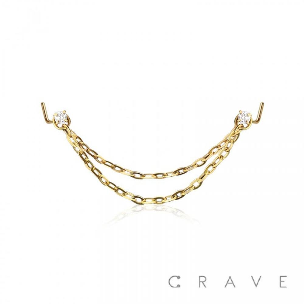CZ L Shape Nose Rings w/Double Chain-Gold